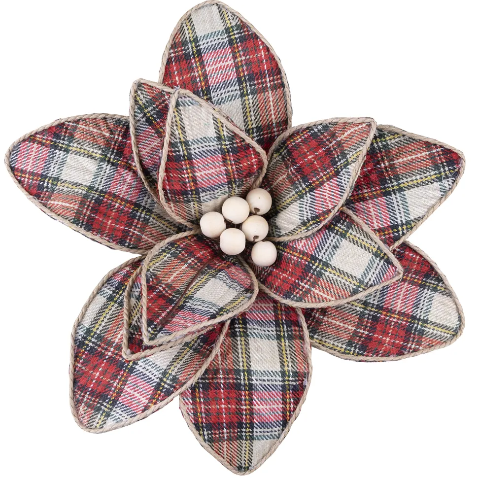 POINSETTIA HEAD RED / GRN/ BEIGE 11″ PLAID W/ WOODEN BEADS & CLIP