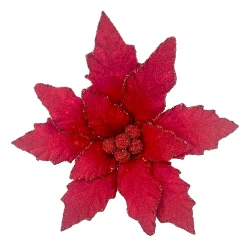 POINSETTIA HEAD RED 7.5″ VELVET W/ GLITTER & CLIP
