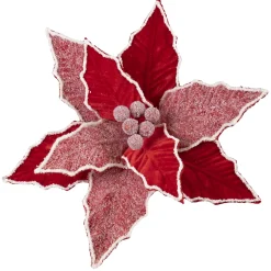 POINSETTIA HEAD RED 11″ VELVET W/ FROSTED PETALS & CLIP