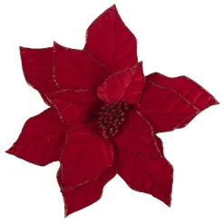 POINSETTIA HEAD RED 11″ VELVET W/ GLITTER BORDER & CLIP