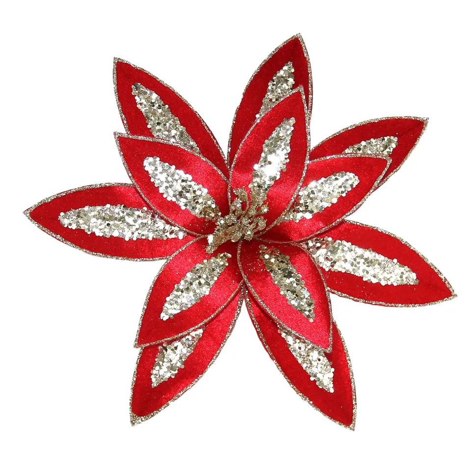POINSETTIA HEAD RED 13″ VELVET W/ CHAMPAGNE GLTR & CLIP