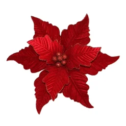 POINSETTIA HEAD RED 14″ VELVET WGLITTER & CLIP
