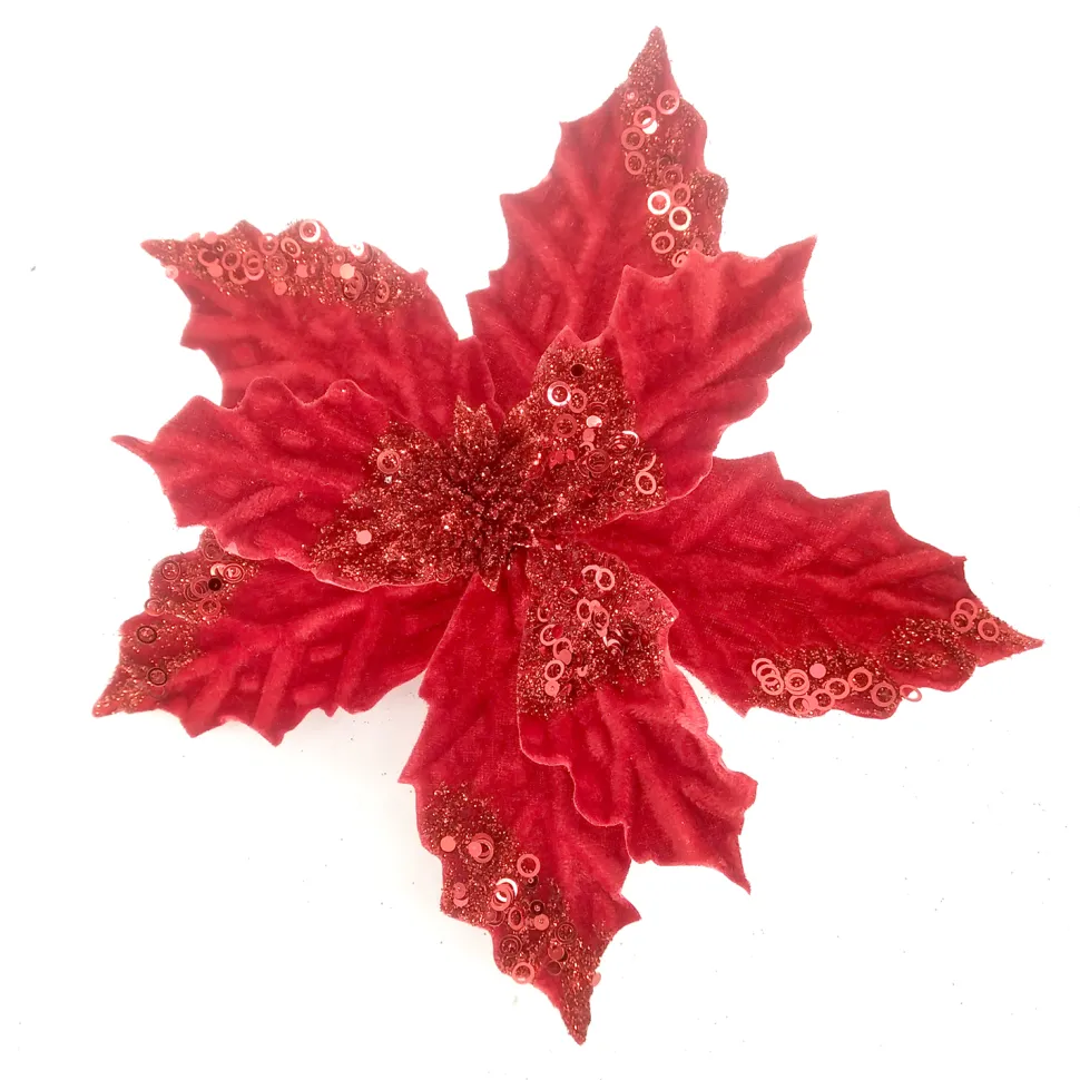 POINSETTIA HEAD RED 5″ VELVET W/ SEQUIN & CLIP