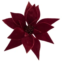 POINSETTIA HEAD RED DARK 9″ VELVET W/ CLIP