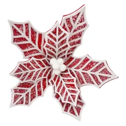 POINSETTIA HEAD RED/ WHITE 8″ FELT FROSTED LOOK W/ CLIP