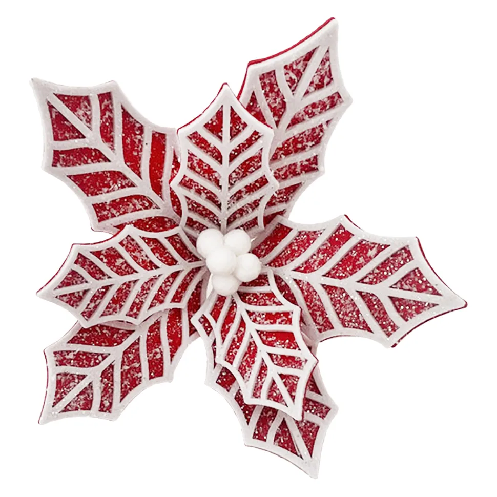 POINSETTIA HEAD RED/ WHITE 8″ FELT FROSTED LOOK W/ CLIP