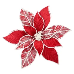 POINSETTIA HEAD RED /WHITE 11.5″ VELVET W/ CLIP