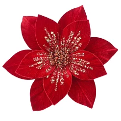 POINSETTIA HEAD RED-DARK 11.5″ VELVET W/GOLD SEQUINS W/ CLIP