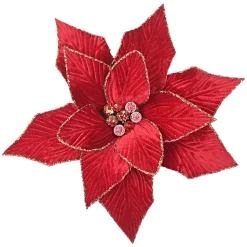 POINSETTIA HEAD RED-DARK 12″ VELVET W /GOLD GLITTER EDGE W/CLIP