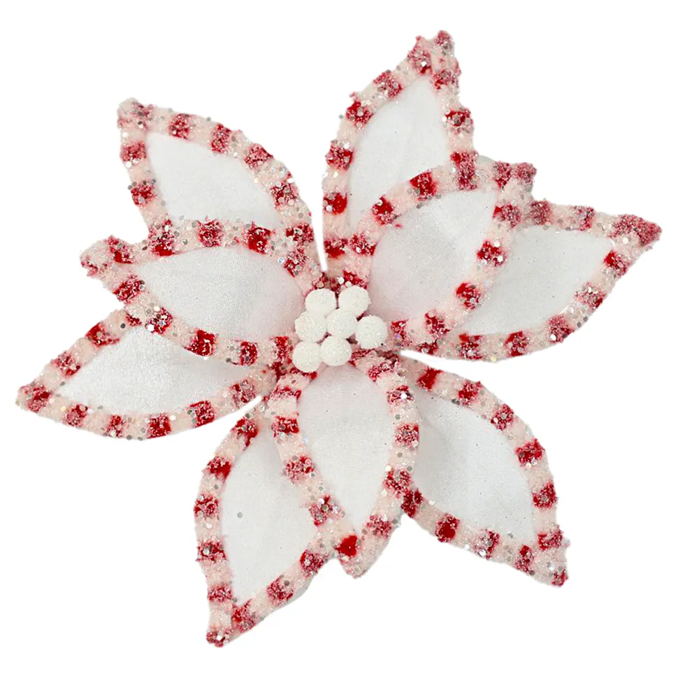 POINSETTIA HEAD RED/WHITE 12.5″ VELVET W/ CLIP