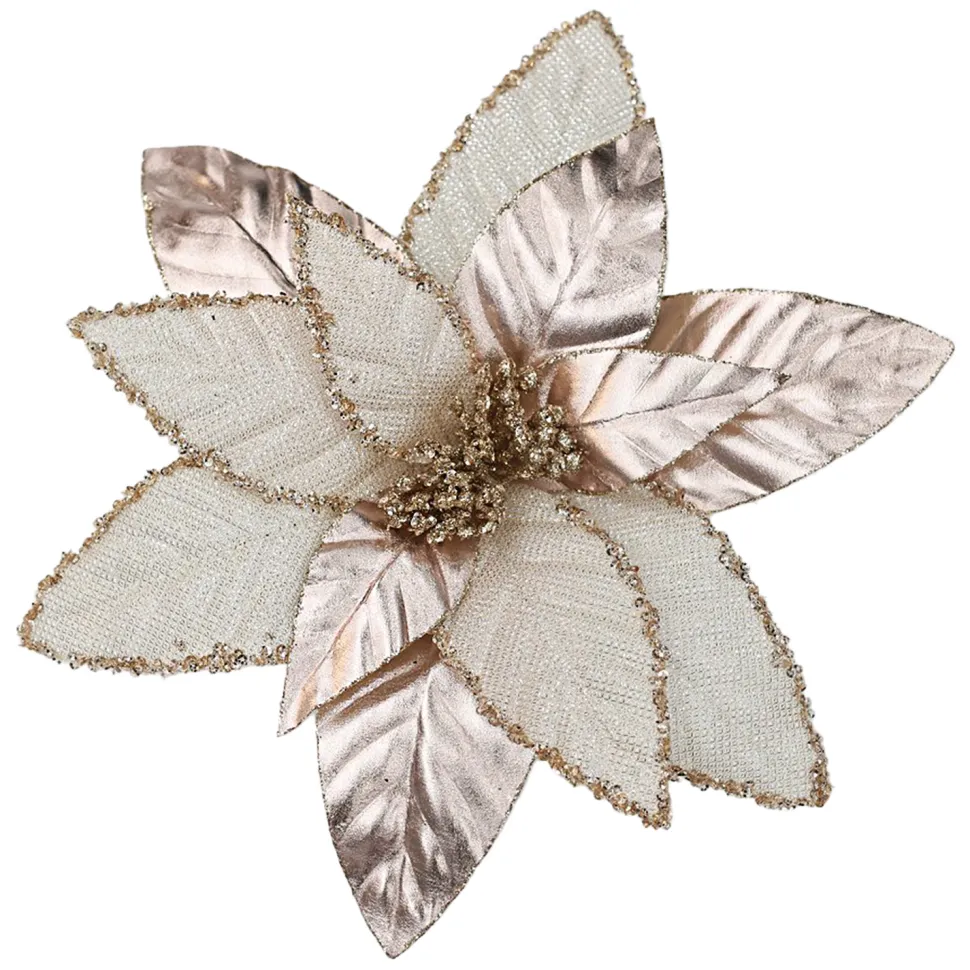POINSETTIA HEAD ROSE GOLD 12″ LEATHER/ METALLIC W/ CLIP