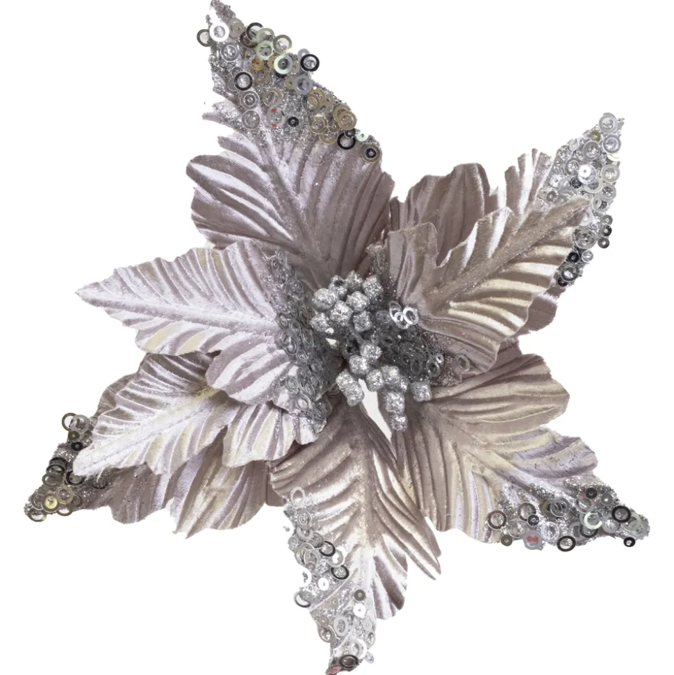 POINSETTIA HEAD SILVER 10″ EMBOSSED VELVET W/SEQUIN TIPS & CLIP