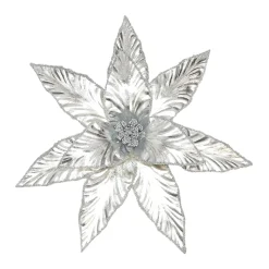 POINSETTIA HEAD SILVER 12″ METALLIC W/GLTR. & CLIP