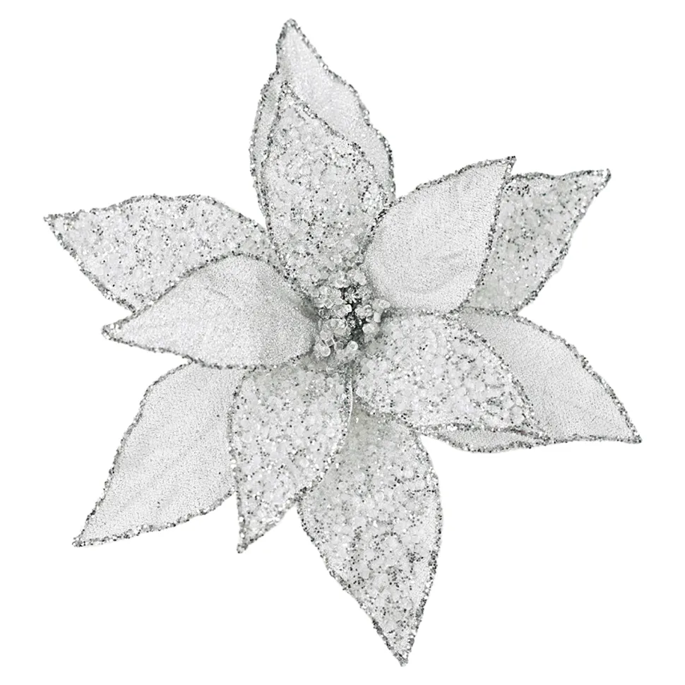 POINSETTIA HEAD SILVER 11.5″ METALLIC ICED W/ CLIP