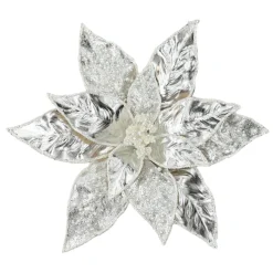 POINSETTIA HEAD SILVER 11″ METALLIC W/ CLIP