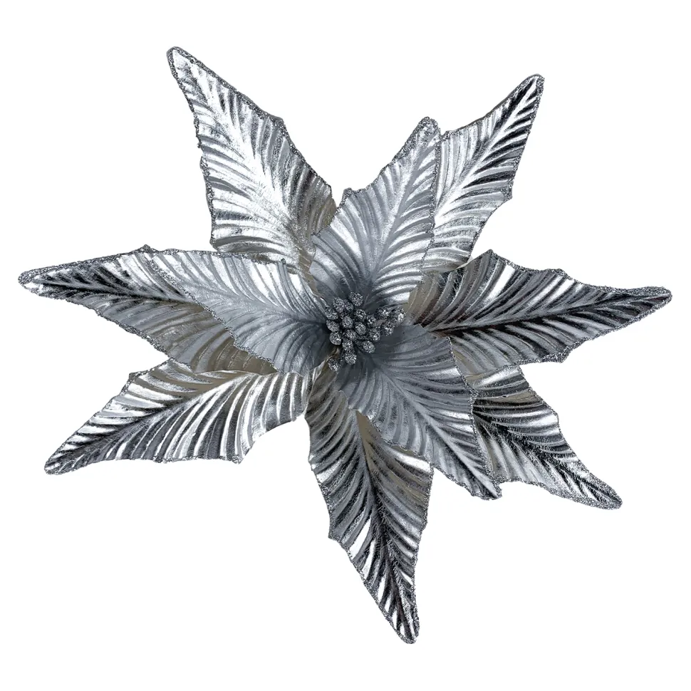 POINSETTIA HEAD SILVER 10.5″ RIBBED FABRIC W/ CLIP