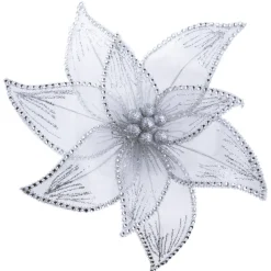 POINSETTIA HEAD SILVER 11″ SHEER W/ RHINESTONE EDGE & CLIP