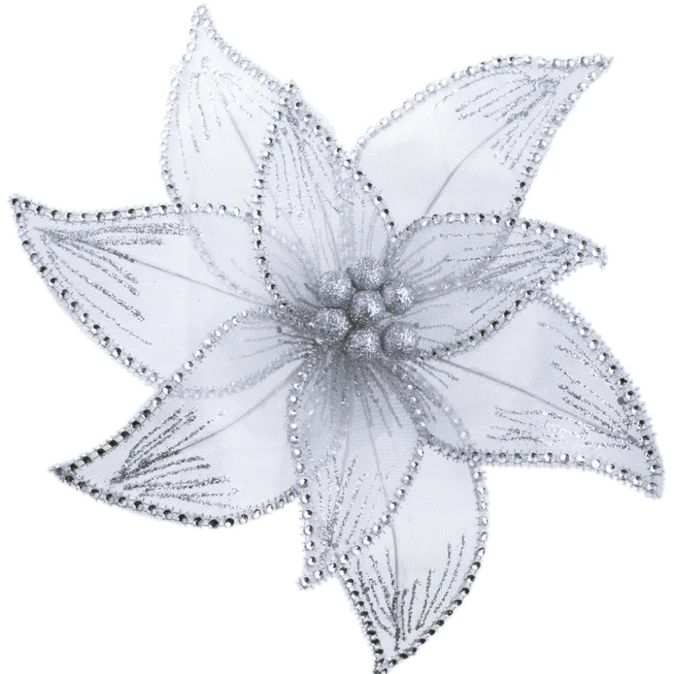 POINSETTIA HEAD SILVER 11″ SHEER W/ RHINESTONE EDGE & CLIP