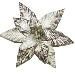 POINSETTIA HEAD SILVER 12.5″ SHINY W/ GLTR W/CLIP
