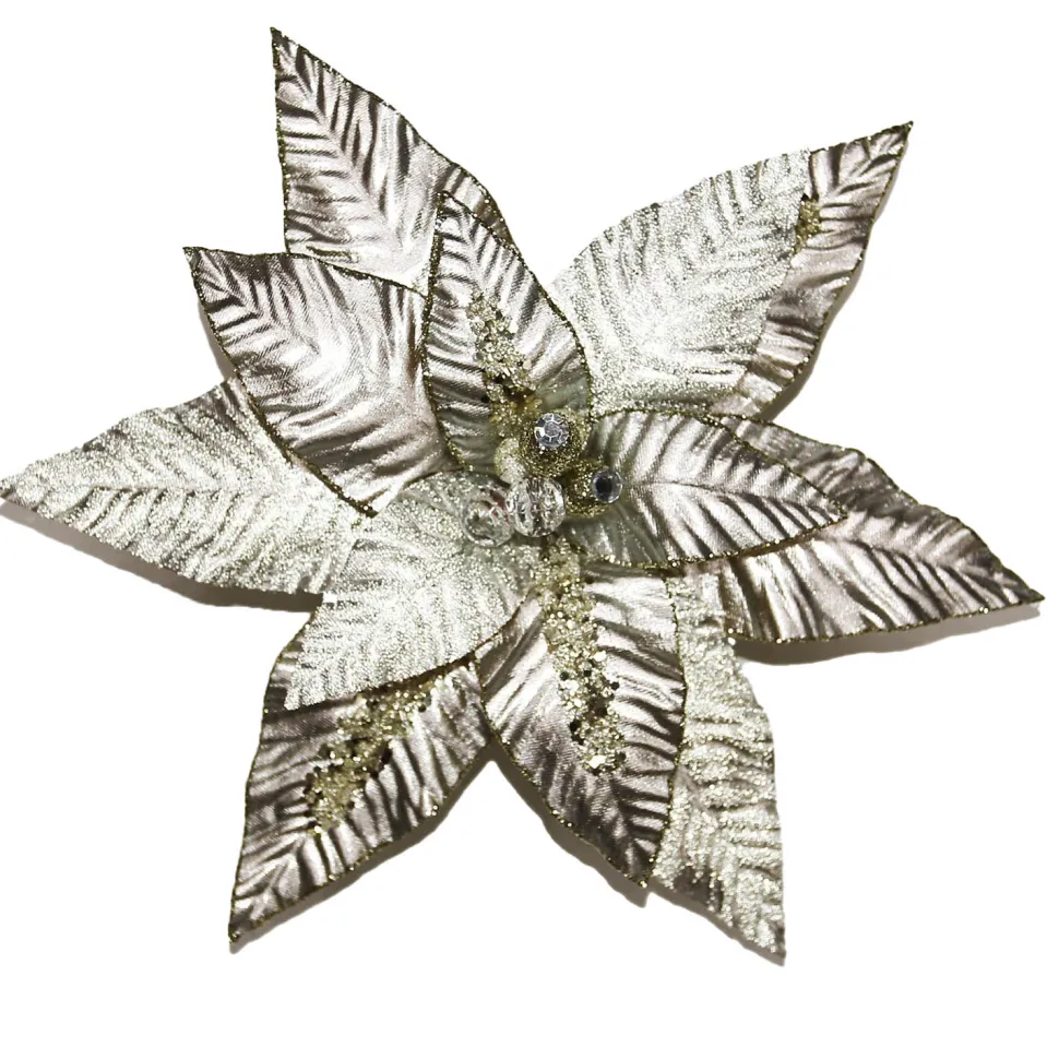 POINSETTIA HEAD SILVER 12.5″ SHINY W/ GLTR W/CLIP