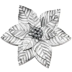 POINSETTIA HEAD SILVER 13″ W/ GLITTER W/ CLIP
