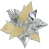 POINSETTIA HEAD SILVER 8″NATURAL BURLAP/ METALIC W/CLIP