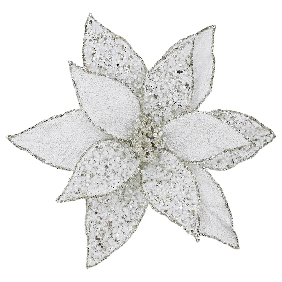 POINSETTIA HEAD SILVER/PT 11.5″ METALLIC ICED W/ CLIP