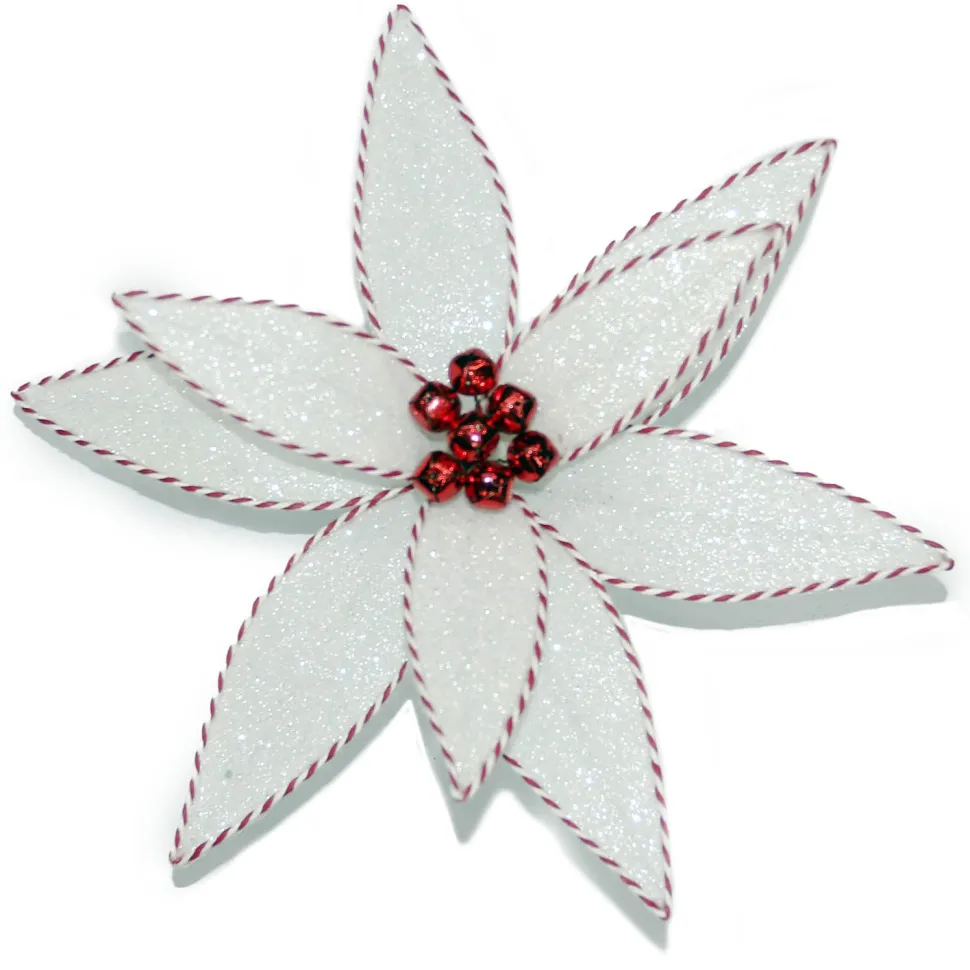 POINSETTIA HEAD WHITE 12″ GLITTER W/ RED/WHITE EDGE W/ CLIP