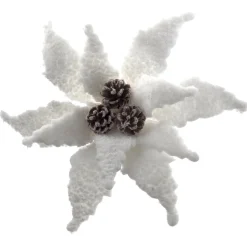 POINSETTIA HEAD WHITE 11″ PLUSH FABRIC FROSTED W/ CONES & CLIP