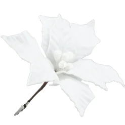 POINSETTIA HEAD WHITE 10″ VELVET W/GLITTER & CLIP