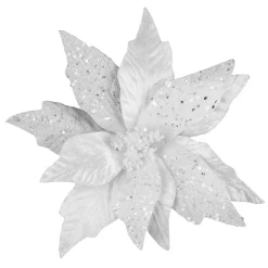 POINSETTIA HEAD WHITE 11″ VELVET & NET W/ GLITTER CLIP
