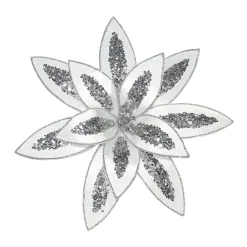 POINSETTIA HEAD WHITE 13″ VELVET W/ SILVER GLTR. & CLIP