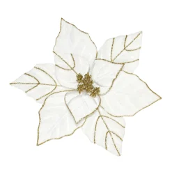 POINSETTIA HEAD WHITE 9.5″ VELVET | W/GOLD GLITTER & CLIP