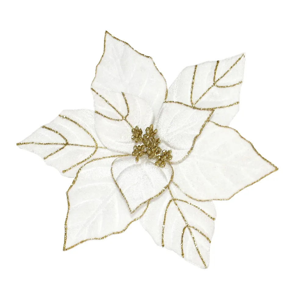 POINSETTIA HEAD WHITE 9.5″ VELVET | W/GOLD GLITTER & CLIP