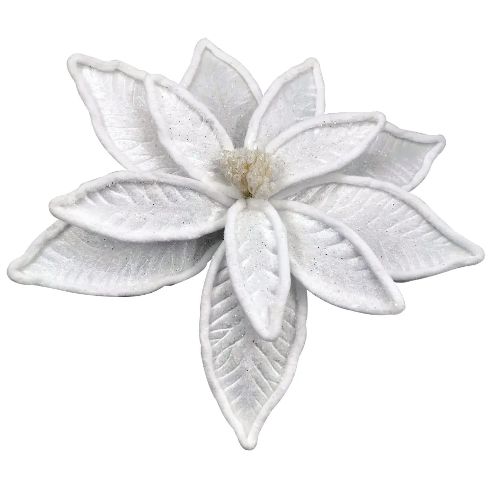 POINSETTIA HEAD WHITE 14″ VELVET W/ WHITE TRIM & CLIP