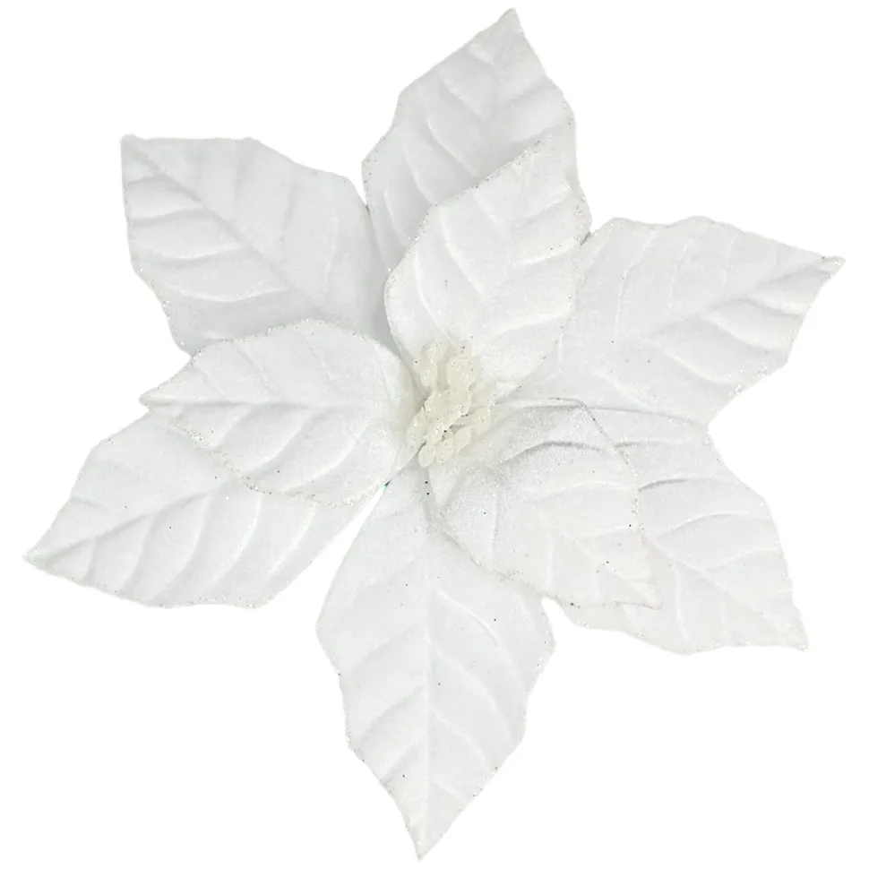 POINSETTIA HEAD WHITE 9.5″ VELVET W/ CLIP