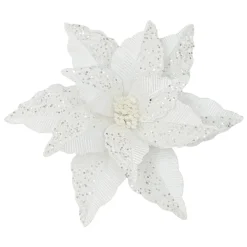 POINSETTIA HEAD WHITE 12″ VELVET GLITTER & CLIP