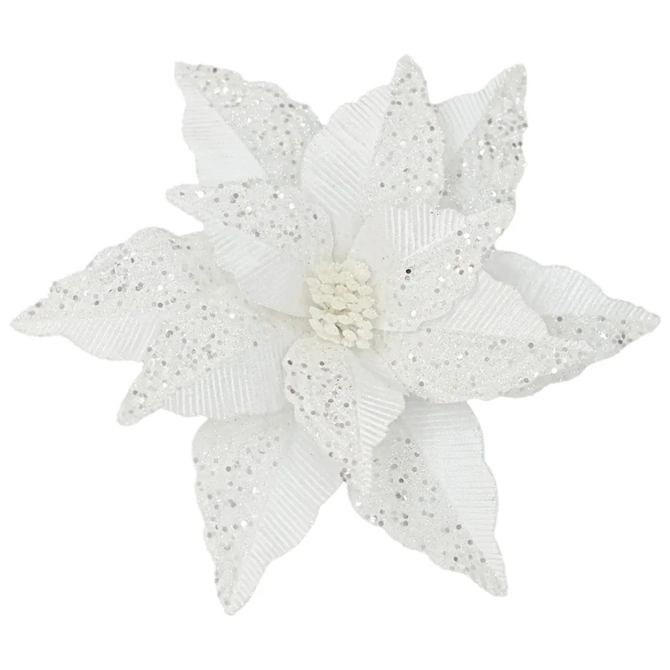 POINSETTIA HEAD WHITE 12″ VELVET GLITTER & CLIP