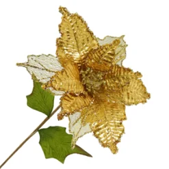 POINSETTIA STEM GOLD 11″ HEAD METALLIC W/GLITTER TRIM