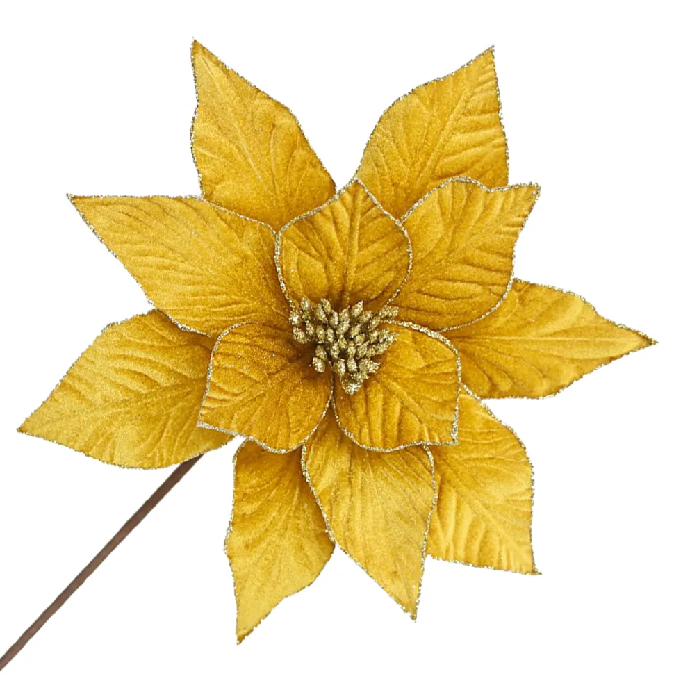 POINSETTIA STEM GOLD 12″ VELVET W/ 20″ STEM