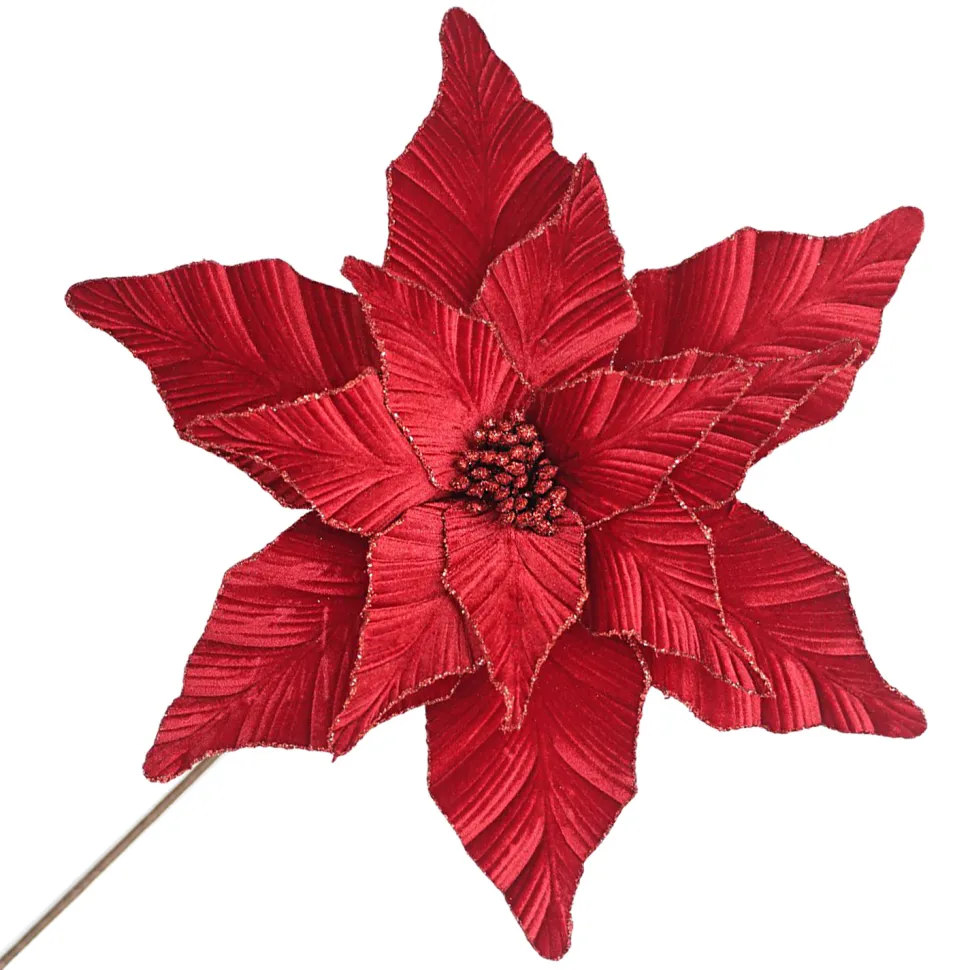 POINSETTIA STEM RED – DARK 17″ VELVET HEAD W/ 24″ STEM