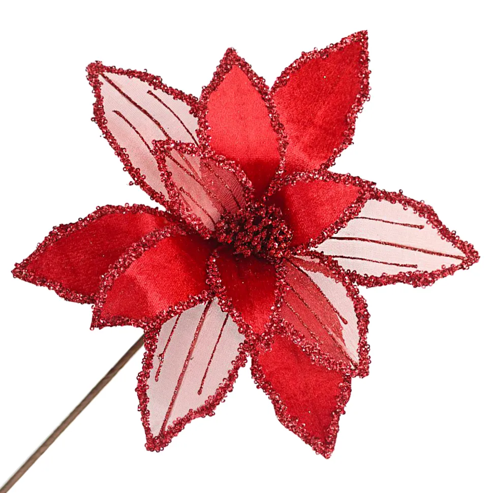 POINSETTIA STEM RED 12″ HEAD VELVET SHEER W/ 20″ STEM