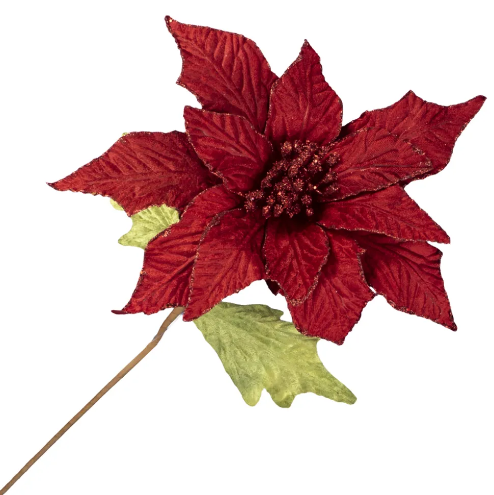 POINSETTIA STEM RED 18″ VELVET W/ GLITTER EDGE