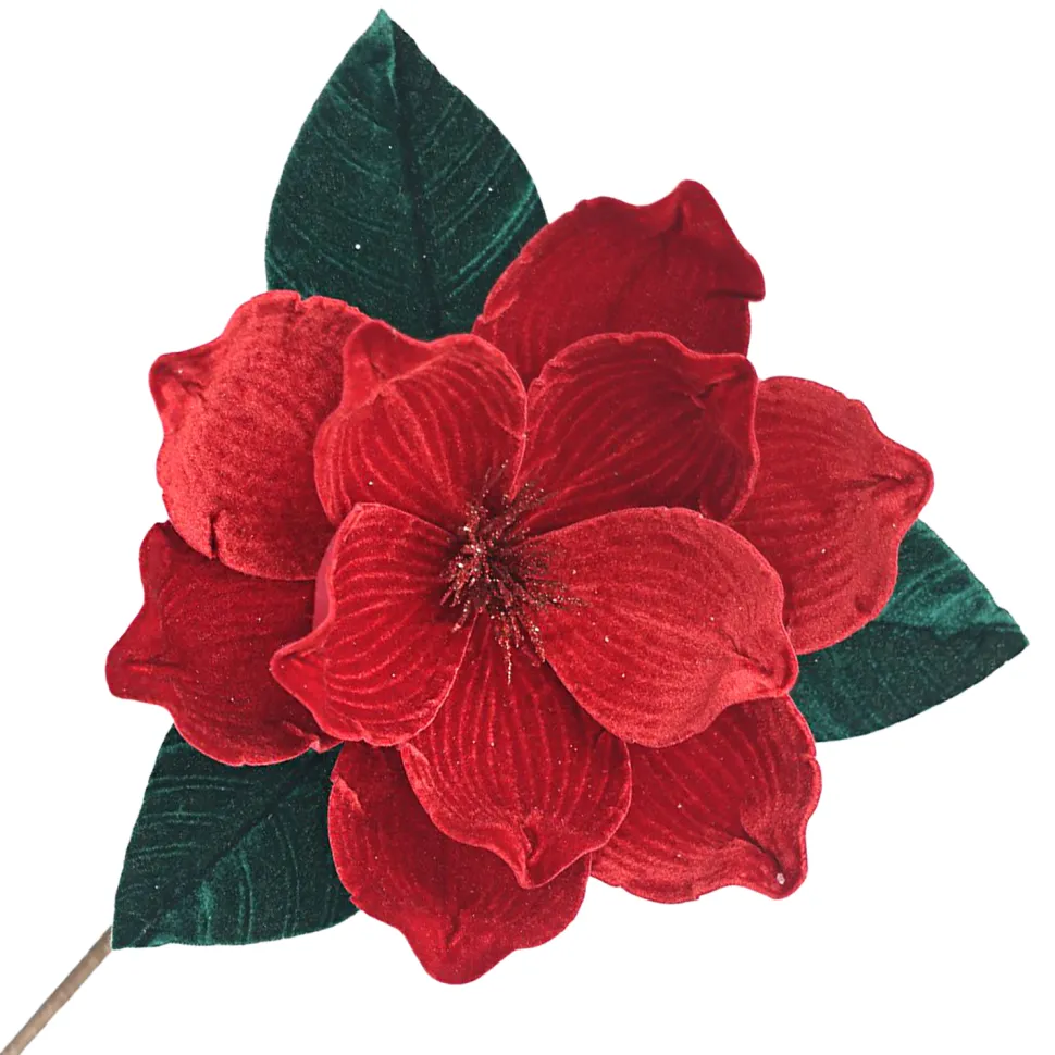 POINSETTIA STEM RED-DARK 12″ VELVET HEAD W/20″ STEM EMERALD GREEN LEAVES