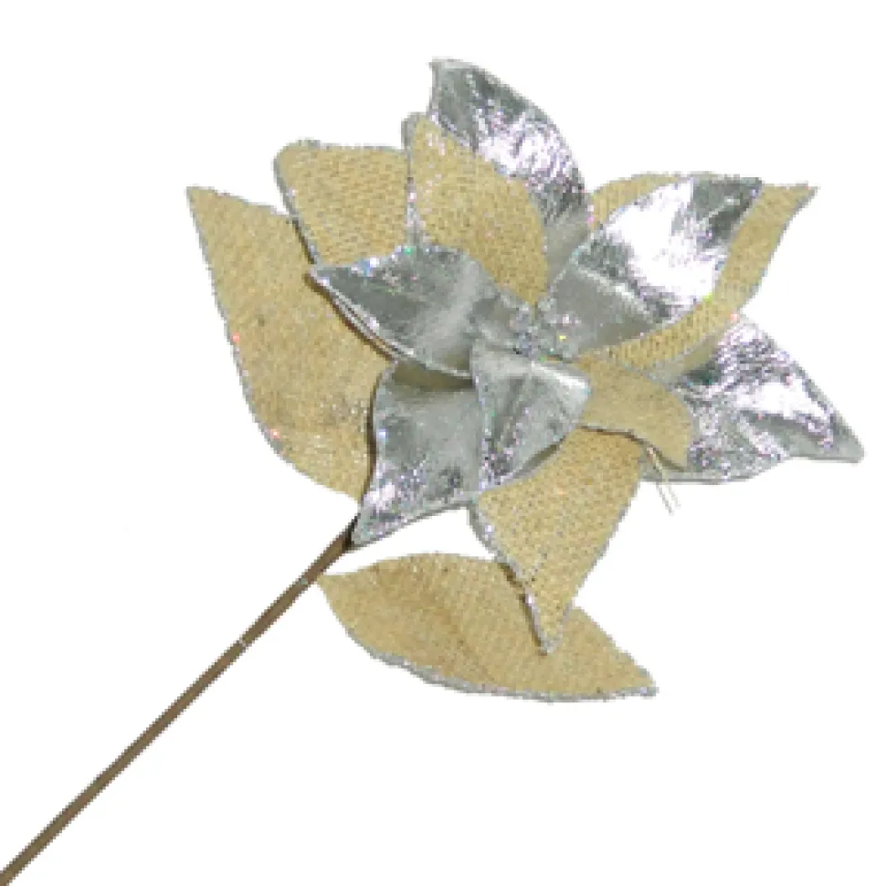 POINSETTIA STEM SILVER /NATURAL 21″ BURLAP/ METALIC