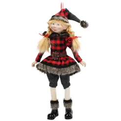 POSABLE ELF 18″ GIRL RED/ BLACK PLAID W/ FUR TRIM