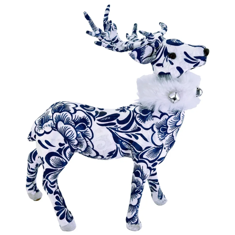 REINDEER BLUE/ WHITE STANDING 11.5″ FABRIC W/ FUR SCARF