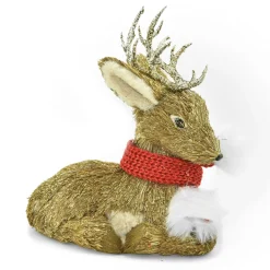 REINDEER BROWN GRASS SITTING 9.5″ W/ CHAMP GLITTER & RED SCARF
