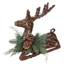 REINDEER NAT. RATTAN 13″X5″X13″ LAYING W/ MIXED FROSTED PINE/CONES/BERRIES