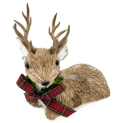 REINDEER NATURAL BROWN SITTING 7″ GRASS W/ BOW ON COLAR